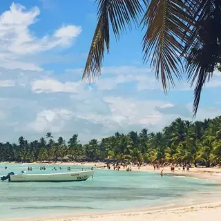 Playa y aguas turquesa, ilustración de excursión costera