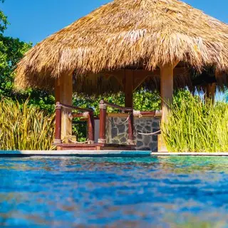 Piscina y palapa tropical, ilustración de club de playa